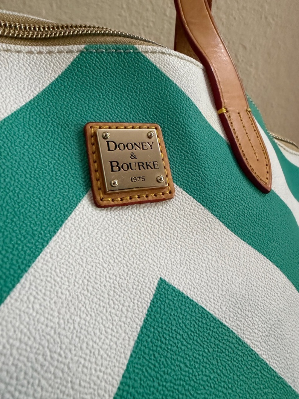 Dooney & Bourke Olivia Chevron Satchel Teal & White Stripes - Leather Top Handle - Picture 13 of 15